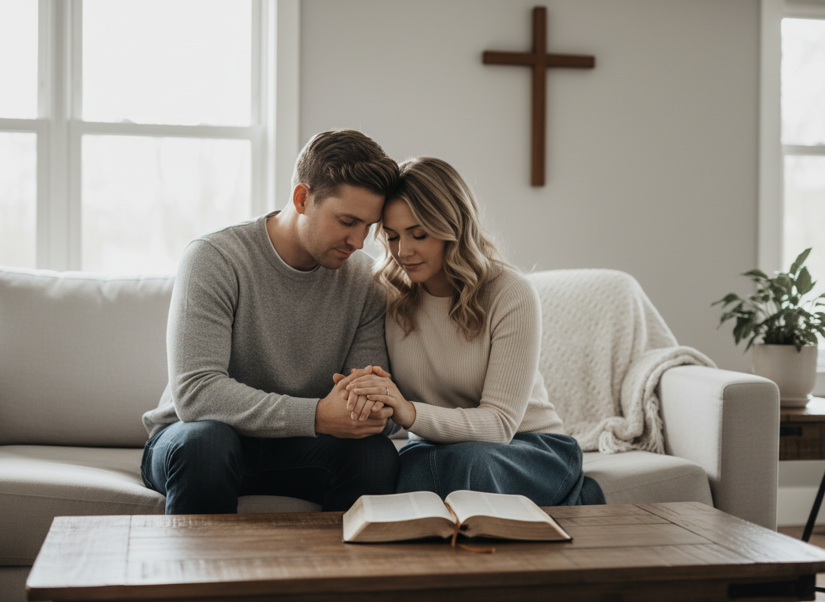Man and woman holding hands praying together